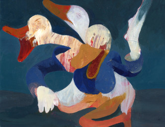 3_heads abstract_art anthro beak blue_background bottomless clothed clothing crouching eyeless male multi_head open_beak open_mouth red_body shirt shirt_only simple_background solo topwear topwear_only white_body barkestra disney donald_duck anatid anseriform avian bird duck acrylic_painting_(artwork) hi_res painting_(artwork) traditional_media_(artwork) traditional_painting_(artwork)