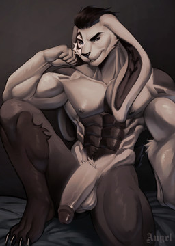3_toes 5_fingers abs anthro areola balls barbell_piercing bent_legs biceps black_background black_claws black_eyebrows black_eyes black_hair blue_eyes cheek_markings cheek_tuft claws eyebrows facial_markings facial_tuft feet fingers fist floppy_ears foreskin fur genitals glans grey_areola grey_blanket grey_markings grey_nipples hair half-erect head_markings humanoid_genitalia humanoid_penis kneeling lidded_eyes light long_ears lop_ears male male_anthro markings mismatched_genitalia mismatched_humanoid_penis mismatched_penis multicolored_body multicolored_fur muscular muscular_arms muscular_male nipple_barbell nipple_piercing nipples nude nude_anthro nude_male pecs penis piercing pose retracted_foreskin short_hair simple_background smile smiling_at_viewer solo text thick_thighs toe_claws toes tuft white_balls white_body white_fur white_penis angellumen zack_(salmiraeon) lagomorph leporid mammal rabbit 2024 colored digital_drawing_(artwork) digital_media_(artwork) english_description english_text hi_res lighting shaded