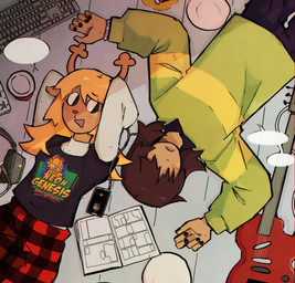 ambiguous_gender anthro antlers bird's-eye_view black_nails blonde_hair brown_hair cellphone clothed clothed_anthro clothed_female clothed_human clothing colored_nails computer_keyboard duo electric_guitar electronics eyelashes female fur guitar hair hair_over_eyes high-angle_view horn linked_speech_bubble listening_to_music looking_at_another lying musical_instrument nails on_back open_mouth open_smile phone plucked_string_instrument sharing_earbud smartphone smile speech_bubble string_instrument tan_body tan_fur rorossman black_eyed_peas deltarune garfield_(series) neon_genesis_evangelion undertale_(series) garfield_the_cat kris_dreemurr noelle_holiday deer human mammal new_world_deer reindeer 2023 digital_drawing_(artwork) digital_media_(artwork) english_description