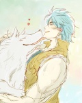 anthro blue_hair cloth duo feral fur hair male side_view white_body white_fur unknown_artist toriko_(series) terry_cloth toriko battle_wolf canid canine canis human mammal wolf 4:5 digital_media_(artwork) half-length_portrait portrait