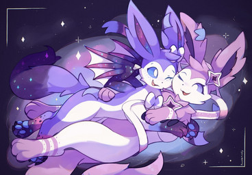ambiguous_gender arm_around_waist big_tail black_nose cheek_tuft cosmic_background cosmic_fur cosmic_tail cosmic_wings countershade_torso countershading cuddling cute_fangs dragon_wings duo eye_contact eyelashes face_squish facial_tuft fangs feral fluffy fluffy_ears fluffy_mane fluffy_tail freckled_face freckles fur galaxy happy holding_arm inner_ear_fluff leg_markings long_ears looking_at_another lying mane markings multicolored_body multicolored_fur multicolored_tail on_back one_eye_closed open_mouth pawpads pupils purple_body purple_ears purple_eyes purple_fur purple_inner_ear_fluff purple_mane purple_pawpads purple_paws purple_sclera purple_tail quadruped ribbons_(anatomy) smile space space_background sparkles squish star_(marking) striped_body striped_legs stripes tail teeth tuft two_tone_body two_tone_fur white_body white_eyes white_fur white_pupils white_tail purpleninfy nintendo pokemon nebula_(royalribbonslabs) phaelin_(phaelin) eeveelution generation_6_pokemon hybrid pokemon_(species) sylveon 2026 digital_media_(artwork) hi_res purple_theme signature