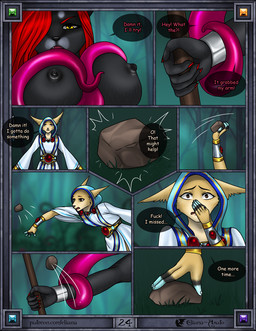 5_fingers angry anthro areola armor bald big_breasts big_ears black_areola black_body black_border black_fur black_nipples blue_clothing blue_nails border bracers breasts brown_eyes close-up clothed clothing colored_nails covering covering_face dialogue duo erect_nipples fangs female fingers forest_background front_view fur gem hair hand_on_face holding_object hood long_hair looking_at_another looking_at_viewer magic_clothing nails nipples nude open_mouth outside pink_tentacles profanity red_gem red_hair red_nails restrained restrained_by_tentacles rock scared speech_bubble standing tan_body tan_fur teeth tentacles text throwing_object tuft weapon white_clothing yellow_eyes eliana-asato khloe_(eliana-asato) melony_(eliana-asato) canid canine felid feline fennec_fox fox mammal monster tentacle_creature true_fox 2024 comic digital_media_(artwork) english_text hi_res multiple_scenes portrait