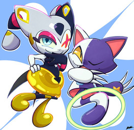 1_eye 3_claws 4_fingers ambiguous_gender black_body black_hair blue_eyes blue_mouth button_(fastener) claws duo fangs featureless_feet feet female feral fingers floating floating_hair hair hand_on_hip laugh laughing_at laughing_at_viewer legless markings multicolored_body multicolored_hair one_eye_closed pupils puppet purple_body simple_background slit_pupils smile smiling_at_viewer smug_grin spade_pupils star_(marking) striped_legs striped_markings striped_tail stripes tail tail_markings teeth thick_thighs white_body white_hair wide_hips yellow_body yellow_sclera raykichishadow bandai_namco klonoa_(series) world's_end_club pielope tat_(klonoa) demon domestic_cat felid feline felis humanoid mammal 2026 signature female_(lore)