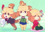 2019 animal_crossing anthro black_nose blonde_hair blush blush_stickers bodily_fluids bottomwear breasts canid canine canis clothing dipstick_tail domestic_dog doshmobile eyes_closed female floppy_ears fur hair isabelle_(animal_crossing) legwear mammal markings multicolored_tail nintendo open_mouth pencil_skirt rock shih_tzu skirt smile solo suit tail tail_markings tears toy_dog white_body white_fur yellow_body yellow_fur