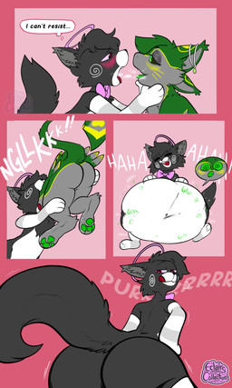 abdominal_bulge ambiguous_gender anthro black_sclera blush blush_lines bow_tie butt butt_expansion butt_focus cheek_markings digestion digestion_noises duo expansion facial_markings halo head_markings holding_partner's_head laugh licking licking_lips looking_at_own_butt making_out markings open_mouth oral_vore same_size_vore soft_vore sound_effects spiral spiral_eyes spiral_markings tail thought_bubble tongue tongue_out vore weight_gain whisker_markings eclairscollection avali felid feline mammal comic hi_res