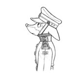 anthro chinstrap clothed clothing ears_down frown fur hat headgear headwear looking_up male military_uniform pivoted_ears sad side_view snout solo uniform us_cannonfodder canid canine fox mammal 2024 black_and_white bust_portrait digital_drawing_(artwork) digital_media_(artwork) drawpile_(artwork) hi_res monochrome portrait sketch