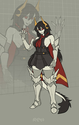 2_horns 5_fingers anthro armor armwear belt black_clothing black_dress breasts cape clothed clothing dress female female_anthro fingerless_gloves fingers fully_clothed fur furry_tail gloves grey_armwear grey_clothing handwear horn jewelry knee_guards legwear looking_at_viewer necklace necktie non-mammal_breasts red_cape red_clothing red_eyes red_necktie shin_guards simple_background solo standing tail thick_thighs thigh_highs three-quarter_view topwear white_armor white_body wide_hips ruttinren mythology dragon mythological_creature mythological_scalie scalie 2025 colored digital_drawing_(artwork) digital_media_(artwork) full-length_portrait hi_res portrait