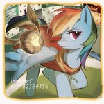 1:1 blue_body equid equine female feral flying friendship_is_magic golden_snitch gryffindor hair harry_potter_(series) hasbro hi_res looking_at_viewer mammal multicolored_hair my_little_pony mythological_creature mythological_equine mythology pegasus quidditch rainbow_dash_(mlp) rainbow_hair solo sunsetshimmer0808 wings