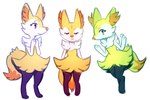 2018 anthro biped braixen digital_media_(artwork) eyebrows eyelashes eyes_closed female flavia-elric fluffy fluffy_tail fur generation_6_pokemon group hi_res inner_ear_fluff mouth_closed nintendo paws pink_eyes pokemon pokemon_(species) simple_background standing tail trio tuft white_background white_body white_fur white_sclera yellow_body yellow_fur