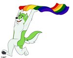 absurd_res alternate_rainbow_pride_colors anthro canid canine digital_media_(artwork) ears_up fidget_the_fox flag flag_(object) fox fur green_body green_eyes green_fur handpaw hi_res holding_flag holding_object lgbt_pride male mammal pawpads paws pride_color_flag pride_colors rainbow_flag rainbow_pride_colors rainbow_pride_flag rainbow_symbol relaxelis running signature simple_background smile solo tongue white_body white_fur