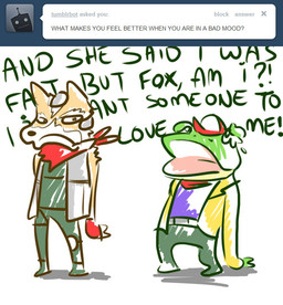 angry annoyed anthro ask_blog blue_clothing blue_shirt blue_topwear bodily_fluids bottomwear clothing complaining crying duo frown fur green_bottomwear green_clothing green_pants green_shirt green_text green_topwear kerchief male open_mouth orange_body orange_fur pants red_kerchief scowl shadow shirt tears text tongue_showing topwear visor whining slippy_o'donnell nintendo star_fox tumblr fox_mccloud slippy_toad amphibian canid canine fox frog mammal english_text