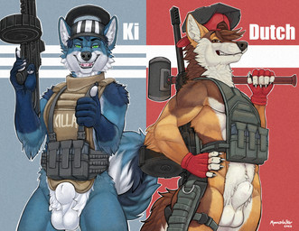 animal_genitalia anthro armor balls clothed clothing duo fully_sheathed genitals gun hammer hat headgear headwear helmet male ranged_weapon sheath skimpy sledgehammer tools topwear vest weapon richard_foley canid canine mammal hi_res