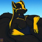 anthro black_body black_fur black_nose breasts featureless_breasts female fur gloves_(marking) gradient_background markings multi_tail simple_background smile solo tail yellow_eyes foxenawolf siln_(datban) canid canine dreamspinner fox mammal 1:1 adversarial_noise