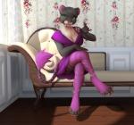 anthro biped black_hair blush bra breasts claws clothed clothing dress fangs female fur furniture hair legwear looking_at_viewer multicolored_body multicolored_fur panties paws sabertooth_(anatomy) sitting sofa solo stockings teeth underwear upskirt celeste_(artist) felid mammal prehistoric_species saber-toothed_tiger 3d_(artwork) digital_media_(artwork) hi_res