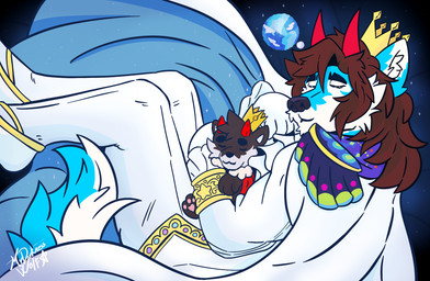 anthro cape clothing cosplay dandalos earth hug hugging_object male moon planet plushie sleeping solo space sparkles star mrdarknesswolf katamari katamari_forever dantalos mrdarknesswolf_(character) canid canine canis demon hybrid mammal wolf hi_res