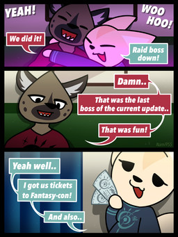 anthro black_body black_eyes black_fur black_nose black_spots brown_body brown_fur dialogue dot_eyes duo eyes_closed female fur furniture grey_body grey_fur holding_object hug inside male markings no_pupils sharp_teeth simple_eyes smile sofa speech_bubble spots spotted_body spotted_fur tan_body tan_fur teeth text ticket white_inner_ear nami955 aggretsuko sanrio fenneko haida_(aggretsuko) canid canine fennec_fox fox hyena mammal spotted_hyena true_fox 2026 3:4 comic english_text hi_res