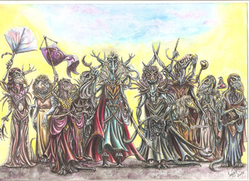 ambiguous_gender anthro barefoot claws elderly feet flag gown group multi_limb renaissance_clothing scepter toe_claws young skekla_(artist) the_dark_crystal skekayuk_the_gourmand skekekt_the_ornamentalist skekna_the_slave_master skekok_the_scroll_keeper skekshod_the_treasurer skeksil_the_chamberlain skekso_the_emperor skektek_the_scientist skekung_the_garthim_master skekzok_the_ritual_master alien skeksis 2015 english_description hi_res signature