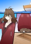 anthro bathrobe boat bra breasts canid canine clothed clothing comic felid female fur hair hi_res hybrid hyena kathrin_vaughan keidran mammal markings outside robe sea shad-up simple_background sky smile solo spots spotted_body spotted_fur twokinds underwear vehicle water watercraft