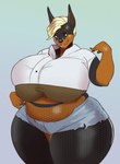 anthro belly big_belly big_breasts breasts butt clothed clothing curvy_figure female fur huge_breasts hyper hyper_breasts looking_at_viewer multicolored_body overweight overweight_female simple_background solo thick_thighs topwear voluptuous wide_hips odisia brooke_(gbg) canid canine canis dobermann domestic_dog mammal pinscher digital_media_(artwork) hi_res