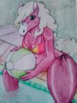 5_fingers anthro breasts clothed clothing female fingers hair smile solo swimwear thick_thighs tongue tongue_out water mysfortune andalusian_horse equid equine horse mammal 3:4 absurd_res hi_res