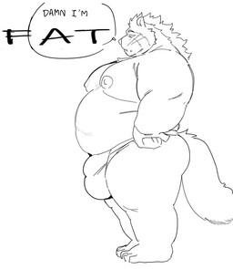 anthro belly big_bulge bulge butt clothed clothing male mane moobs nipples overweight overweight_anthro overweight_male side_view solo speech_bubble tail text thick_thighs underwear underwear_only whiskers whitebeast20 ambiguous_species 2026 english_text sketch