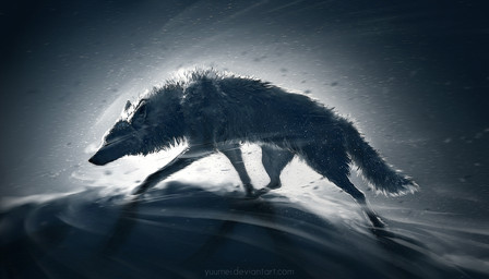 ambiguous_gender eyes_closed feral fur quadruped snow solo text walking white_body white_fur wind yuumei canid canine canis mammal wolf 2015 url