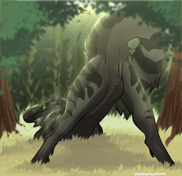 ass_up clitoris female feral forest fur genitals grass green_eyes half-closed_eyes jack-o'_pose looking_at_viewer looking_back looking_back_at_viewer narrowed_eyes nude on_grass on_ground outside plant pose presenting presenting_vulva rear_view smile snout solo striped_body striped_fur stripes tree vulva nothoughtsjustteeth dinosaur dromaeosaurid prehistoric_species reptile saurischian scalie theropod utahraptor colored digital_drawing_(artwork) digital_media_(artwork) hi_res shaded
