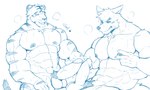 anthro anthro_on_anthro balls barazoku blush bodily_fluids duo facial_hair frottage genital_fluids genitals looking_pleasured male male/male muscular nipple_fetish nipple_play penile penis pubes sex simple_background white_background zupat canid canine canis felid mammal pantherine tiger wolf 2017 alternate_version_at_source hi_res signature