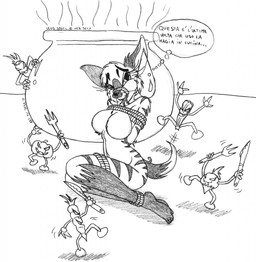 anthro bdsm big_breasts bodily_fluids bondage bound breasts captured cauldron cutlery featureless_breasts female food fork group kitchen_utensils knife plant rope simple_background submissive submissive_anthro submissive_female sweat sweatdrop tail text tools vegetable white_background mausaba_(artist) sans_(sanssouci) hyena mammal striped_hyena 2009 black_and_white graphite_(artwork) hi_res italian_text monochrome traditional_media_(artwork) translated