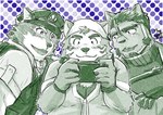 anthro blush cellphone clothing electronics eyebrows group kerchief male phone policeman slightly_chubby smartphone sweater thick_eyebrows topwear trio turtleneck indoman_x lifewonders live_a_hero barrel_(live_a_hero) mokdai tsuneaki canid canine canis domestic_cat domestic_dog felid feline felis mammal wolf