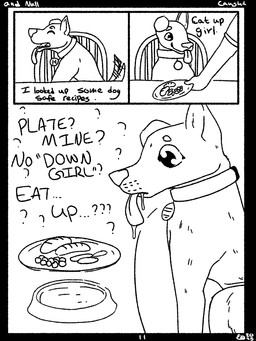bodily_fluids bowl collar container dialogue drooling feral food inner_monologue male offscreen_character pet_bowl saliva text thinking tongue tongue_out qwaxi~lixard canid canine canis domestic_dog mammal 3:4 black_and_white comic english_text hi_res monochrome