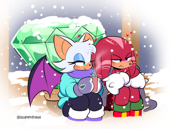 angel_island anthro back_wings bedding blanket blue_clothing blue_eyelids blue_sweater blue_topwear boots christmas_clothing clothed clothed_anthro clothed_female clothing duo eyelashes female floating_island footwear fully_clothed fully_clothed_anthro fully_clothed_female fur gloves green_eyes handwear holidays male master_emerald mittens multicolored_body multicolored_fur purple_boots purple_clothing purple_eyes purple_footwear purple_scarf purple_wings red_body red_clothing red_footwear red_fur red_shoes scarf shoes snow snowing stripes sweater topwear white_body white_clothing white_fur white_gloves white_handwear white_stripes wings winter_clothing winter_coat quavernsfw christmas sega sonic_the_hedgehog_(series) knuckles_the_echidna rouge_the_bat bat echidna mammal monotreme 2025 colored digital_media_(artwork) hi_res