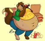 anthro belly belly_expansion belly_overhang beverage big_belly blush brown_body brown_fur claws clothed clothing coca-cola drinking expansion eyes_closed eyewear fur glasses hi_res holding_beverage holding_object male mammal midriff moobs mustelid navel obese obese_anthro obese_male otter overweight overweight_anthro overweight_male pizza_hut raccoonkind sitting smile solo toe_claws weight_gain