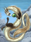 ambiguous_gender arylkia asian asian_mythology cloud crystal_ball domestic_ferret dragon east_asian_mythology eastern_dragon feral full-length_portrait fur gem horn hovering hybrid mammal mustelid musteline mythological_creature mythological_scalie mythology outside painting_(artwork) pearl_(gem) portrait scales scalie sky skyscape solo sphere tail traditional_media_(artwork) true_musteline weasel yellow_body yellow_fur yellow_scales