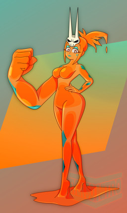 5_fingers alternate_species artist_watermark barefoot bone breasts brown_eyes eyeshadow featureless_breasts featureless_crotch feet female fingers fist fusion hair hand_on_leg hand_on_own_leg hand_on_own_thigh hand_on_thigh lips logo looking_at_viewer makeup navel nude nude_female nude_humanoid orange_body ponytail simple_background skull skull_head solo standing teal_eyeshadow teal_lips eversonitro skullgirls cerebella vice-versa animate_inanimate goo_creature goo_humanoid humanoid living_clothing living_hat 3:5 absurd_res artist_logo hi_res watermark