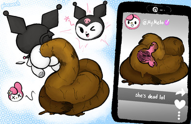 anthro butt cellphone clothing clothing_in_feces cruel_pred cruelty death disposal duo electronics excessive_feces eyelashes fatal_vore feces female female/female hyper hyper_feces object_in_feces one_eye_closed open_mouth open_smile phone photo pointed_tail smartphone smile social_media torn_clothing vore wink pincoosh onegai_my_melody sanrio kuromi my_melody digital_media_(artwork) signature