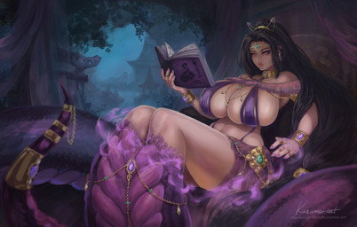 accessory apode big_breasts book bottomwear breasts brown_hair circlet clothed clothing crown cuff_(restraint) female fully_clothed furgonomics gold_(metal) gold_jewelry grey_bottomwear grey_clothing grey_shorts hair headgear holding_book holding_object huge_breasts jewelry legless magic magic_user mid_transformation midriff necklace outside purple_body purple_scales restraints scales serpentine shorts solo split_form tail tail_accessory tail_jewelry tiara transformation wrist_cuffs kurumai draconcopode humanoid lamia reptile scalie snake 2025 hi_res