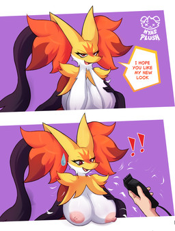 ambiguous_gender anthro areola beard big_breasts breasts dialogue duo facial_hair female fur hair humor nipples pink_areola pink_nipples red_eyes shaver shaving shaving_fur simple_background text yellow_body yellow_fur nyasplush nintendo pokemon pokemon_legends_z-a canid canine generation_9_pokemon human mammal mega_delphox mega_evolution pokemon_(species) 2025 absurd_res comic english_text hi_res