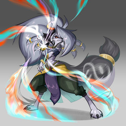 3_toes 4_fingers accessory anthro big_breasts black_nose bottomwear breasts clothing eyelashes fangs feet female fingers frown furgonomics grey_hair hair hair_accessory hair_ring loincloth long_hair magic magic_user pants red_sclera small_waist solo standing tail tail_accessory tailband teeth thick_thighs toes white_eyes stormrayneart hellaverse helluva_boss mythology puzzle_and_dragons ilm_(puzzle_and_dragons) loona_(helluva_boss) canid canid_demon canine demon hellhound mammal mythological_canine mythological_creature 1:1 2025 crossover hi_res