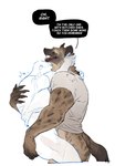 anthro balls bottomless bottomless_male clothed clothing dialogue duo erection fangs fingers fur genitals green_eyes grey_clothing grey_shirt grey_topwear hand_on_back hand_on_butt hug human_on_anthro interspecies larger_anthro male male/male male_anthro male_on_anthro male_on_human markings military monotone_clothing multicolored_body multicolored_fur muscular muscular_anthro muscular_male notched_ear open_mouth penetration penile penile_penetration pupils red_tongue sex shirt shirt_only side_view size_difference slit_pupils smaller_human speech_bubble spots spotted_body spotted_fur tail teeth text tongue topwear topwear_only translucent translucent_body white_text do72k third-party_edit mobian_(do72k) human hyena mammal spotted_hyena english_text hard_translated hi_res translated translation_edit