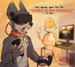 anthro biped collar computer dialogue duo electronics fur gaming grey_body grey_fur holding_object humor inside male red_collar sitting smile text vr_headset donkeyramen capcom resident_evil canid canine canis domestic_cat domestic_dog felid feline felis mammal 2020 english_text hi_res