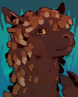 abstract_background ambiguous_form ambiguous_gender bridge_piercing brown_body brown_eyes brown_fur dreadlocks facial_piercing fur horizontal_pupils mouth_closed nose_piercing piercing pupils solo text 0ct0m0n0 camelid llama mammal artist_name hi_res