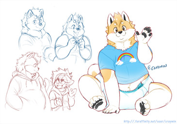 anthro blue_clothing blue_shirt blue_topwear brown_body brown_eyes brown_fur clothed clothing diaper duo fur gesture hoodie looking_at_viewer male overweight overweight_anthro overweight_male shirt simple_background sitting size_difference smile t-shirt text topwear waving waving_at_viewer white_background craymin danny_(craymin) leon_(craymin) canid canine canis domestic_dog felid feline felis mammal sand_cat shiba_inu spitz artist_name signature url