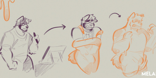 anthro bdsm bondage bottomwear bound bulge clenched_teeth clothed clothed_anthro clothed_male clothing directional_arrow drawing_tablet eyewear facial_hair fully_clothed fully_clothed_anthro fully_clothed_male glasses goatee goo_transformation holding_object holding_pen male male_anthro orange_line_art pen purple_line_art shirt shorts simple_background slime slime_bondage solo t-shirt takeover tan_background teeth text topwear transformation transformation_sequence white_text melaisen bau_(melaisen) akita canid canine canis domestic_dog mammal spitz 2023 absurd_res artist_name colored_line_art digital_drawing_(artwork) digital_media_(artwork) hi_res monochrome portrait three-quarter_portrait