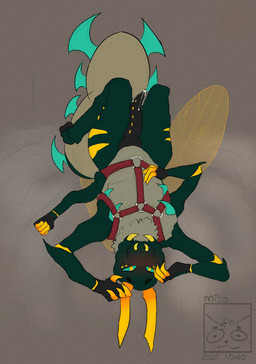 4_arms antennae_(anatomy) anthro arthropod_abdomen blush bodily_fluids erection genital_fluids genitals green_body grey_penis harness insect_wings knot lying male multi_arm multi_limb nude on_back penile_spines penis simple_background solo tapering_penis wings anonymous_artist ezrha_(k4jayx) arthropod centipede hymenopteran insect lepidopteran moth myriapod wasp digital_media_(artwork) hi_res