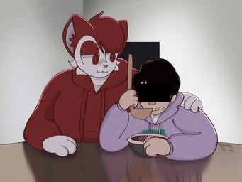 anthro black_hair bowl censored_eyes clothing container duo eating food fur furniture hair hand_on_back hand_on_table hoodie kitchen_utensils ladle male male_anthro male_human overweight overweight_male red_clothing red_eyelids red_eyes red_hair red_hoodie red_topwear reflection scared sitting sitting_at_table soup table tools topwear white_body white_fur white_skin rojocatto blank_room_soup rojo_(rojocatto) felid feline human mammal 4:3 hi_res watermark