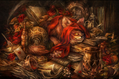ambiguous_gender black_nose book card clock cloth container cup cutlery feral flower fluffy fluffy_tail food fork fruit goblet grape grin heart_symbol inside jug kitchen_utensils looking_at_viewer lying on_front plant plate playing_card pocketwatch rose_(flower) sharp_teeth smile solo tail tea_cup teapot teeth tools watch yellow_eyes miyina_(317) bookred domestic_cat felid feline felis mammal digital_media_(artwork) digital_painting_(artwork) painting_(artwork)