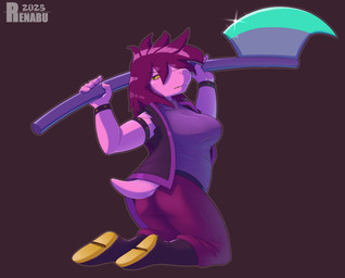armband axe big_breasts boots breasts butt clothed clothing female footwear freckles jacket kneeling looking_back non-mammal_breasts open_clothing open_jacket open_topwear shoes solo thick_thighs topwear weapon wide_hips renabu deltarune undertale_(series) susie_(deltarune) scalie 2025 absurd_res hi_res