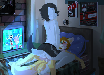 5_fingers 5_toes adolescent age_difference anthro anthro_on_anthro anthro_penetrated anthro_penetrating anthro_penetrating_anthro anus balls bed bedroom black_hair black_nose blush bodily_fluids bottomwear breasts brown_hair butt cathode_ray_tube clothed clothing cowgirl_position detailed_background dipstick_tail duo electronics erection eyes_closed feet female female_on_top female_penetrated fingers fluffy fluffy_tail from_front_position fur furniture genital_fluids genitals green_eyes hair inside larger_female larger_penetrated looking_pleasured looking_up lying male male/female male_on_bottom male_penetrating male_penetrating_female markings multicolored_body multicolored_fur multicolored_tail nipples nude older_female older_penetrated on_back on_bed on_bottom on_top open_mouth orange_body orange_fur partially_clothed penetration penile penile_penetration penis penis_in_vagina poster sex short_hair shota size_difference skirt smaller_male smile soles spread_legs spreading straddling tail tail_markings television text toes tongue topless two_tone_body two_tone_fur upskirt_sex vaginal vaginal_fluids vaginal_penetration vulva white_body white_fur yellow_body yellow_fur young young_anthro younger_male gothbunnyboy ketzio cartoon_network foster's_home_for_imaginary_friends ashura_(character) blooregard_q._kazoo eurotrish lexi_(character) canid canine canis domestic_dog fox mammal 2016 absurd_res artist_collaboration digital_media_(artwork) english_text hi_res