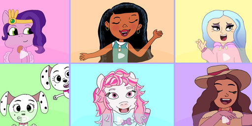 black_hair black_spots blue_hair brown_body brown_hair brown_skin clothing collar crown dark_body dark_skin eyes_closed female feral fur gold_(metal) gold_tiara group hair hat headgear headwear hoodie light_body light_skin long_hair looking_at_viewer mane markings pink_body pink_clothing pink_collar pink_eyes pink_fur pink_hair pink_hoodie pink_mane pink_topwear purple_mane spots spotted_body spotted_fur sun_hat tiara topwear wearing_collar white_body white_fur wings brightdawns 101_dalmatian_street 101_dalmatians disney hailey's_on_it! hasbro marvel mlp_g5 moon_girl_and_devil_dinosaur my_little_pony mythology the_ghost_and_molly_mcgee wild_manes andrea_davenport candi_(wild_manes) casey_calderon dallas_(101_dalmatians) deja_vu_(101_dalmatians) destiny_(101_dalmatians) kristine_sanchez pipp_petals_(mlp) triple_d_(101_dalmatians) canid canine canis dalmatian domestic_dog equid equine horse human mammal mythological_creature mythological_equine pegasus 2024 hi_res